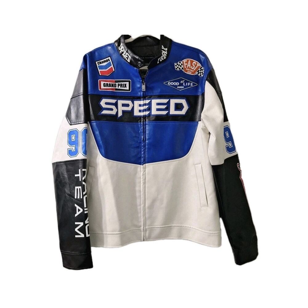 COPPER Rivet MOTO Racing PU Leather Jacket XL Blue Full Zip Men Pockets NWT